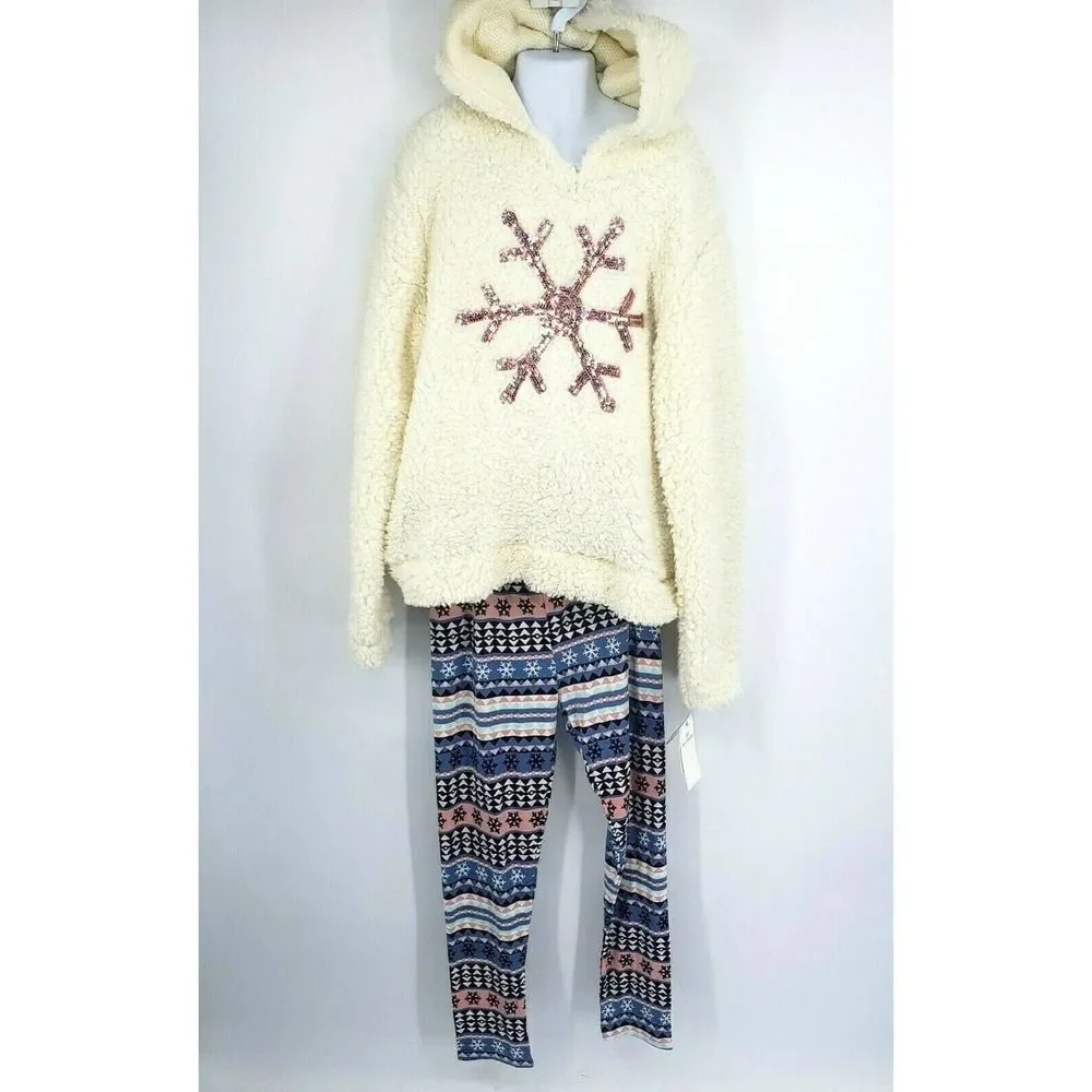 Girls‎ 14 16 2 Piece Outfit Set Sherpa Hoodie Sweatshirt and Leggings Snowflake